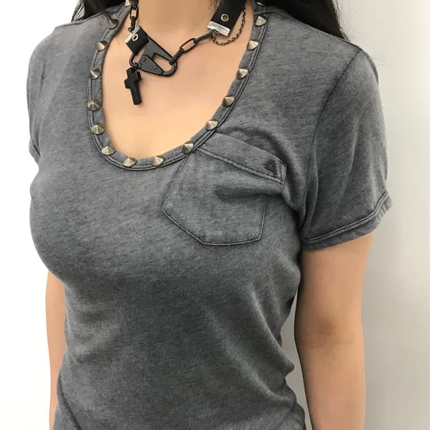 Made Italy Charcoal Studded Neck Tee