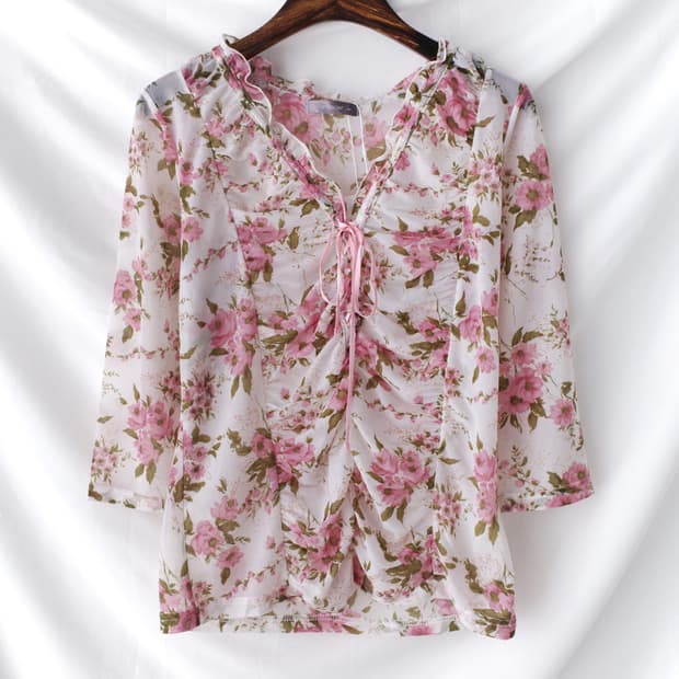 flower shirring see-through T