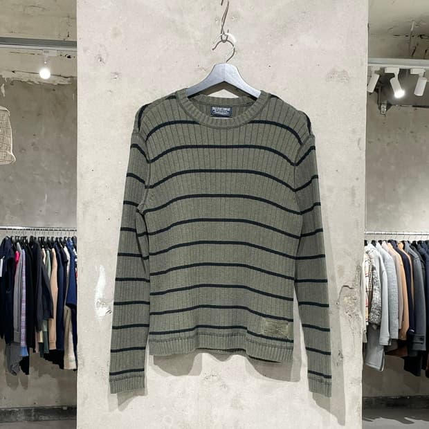 폴로 진스 카키 스트라이프 크루넥 니트
