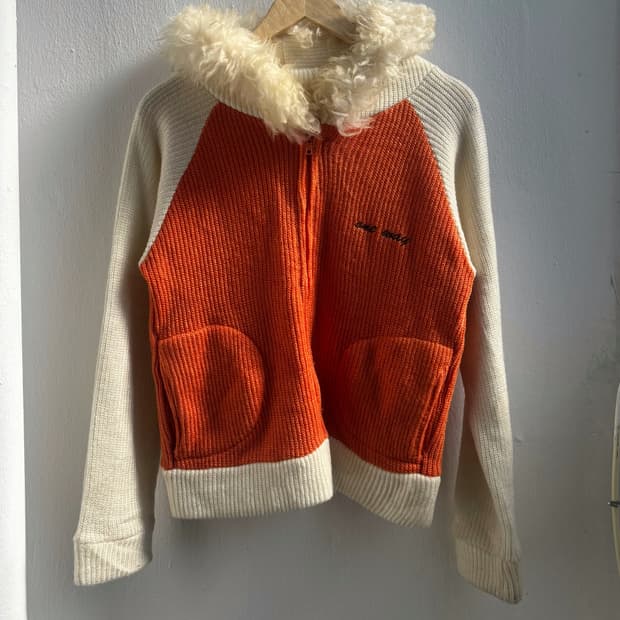 Vintage Orange Knit Fur-Trim Hood Zip-Up