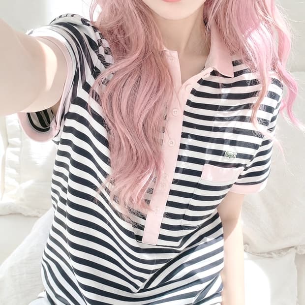 라코스테 연핑크 카라 스트라이프 반팔 블랙