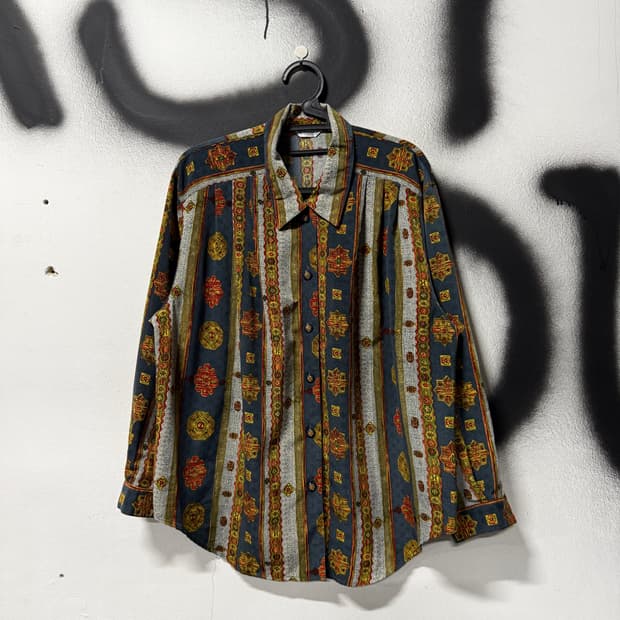 VTG 빈티지 바로크 에스닉 패턴 스트라이프 핀턱 긴팔 셔츠