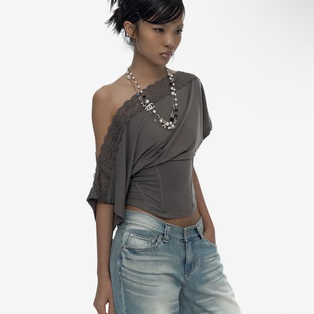 Lace One Shoulder Corset Tee Charcoal