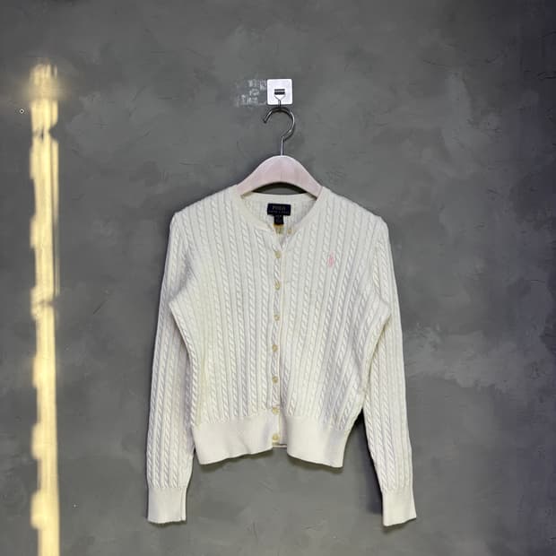 폴로 랄프로렌 꽈배기 니트 가디건 화이트 핑크