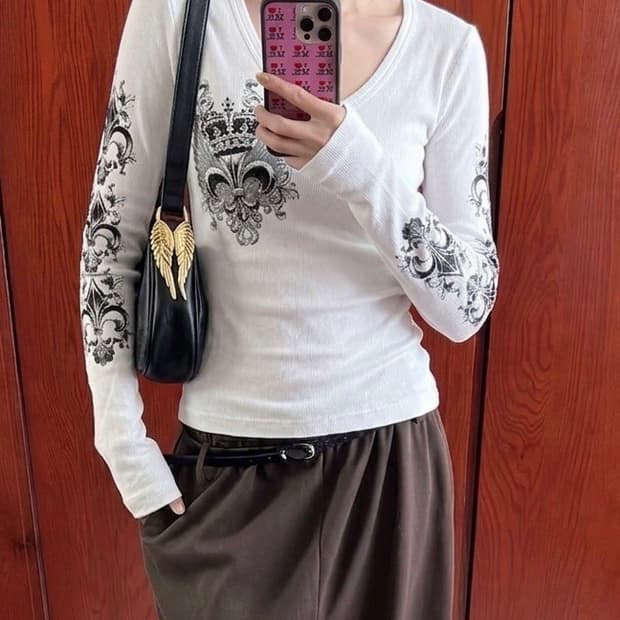 펑크 갸루 y2k 고딕 그래픽 큐빅 롱슬리브 티셔츠