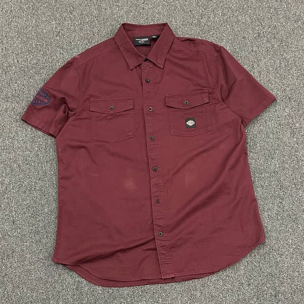 L)할리데이비슨 빈티지 투포켓 자수 버건디 반팔셔츠 