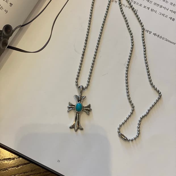 빈티지 터키석 크로스 볼체인 목걸이