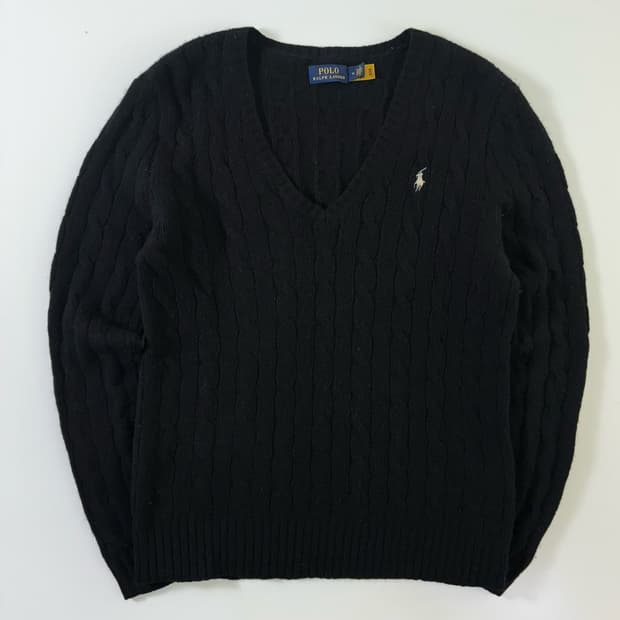 Polo  폴로 랄프로렌 자수 코튼 블랙 브이넥 꽈배기 니트 