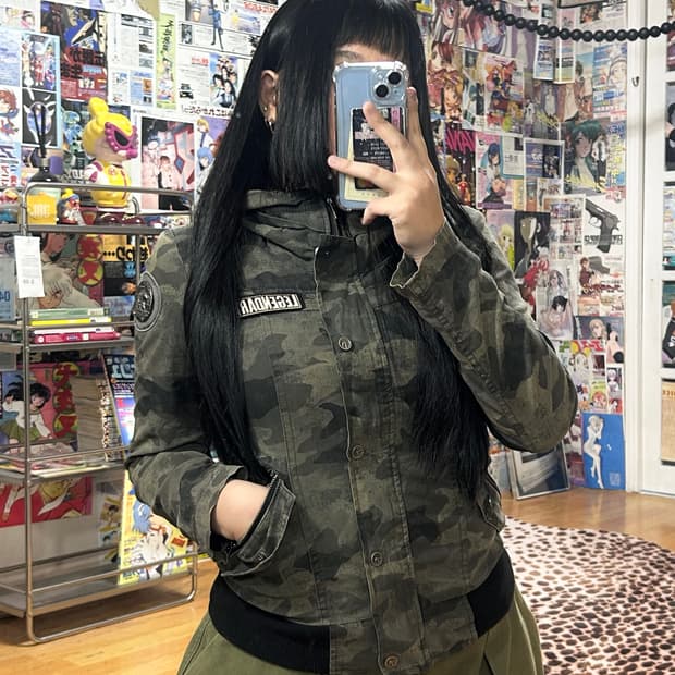 빈티지 밀리터리 카모 하이넥 코튼 집업