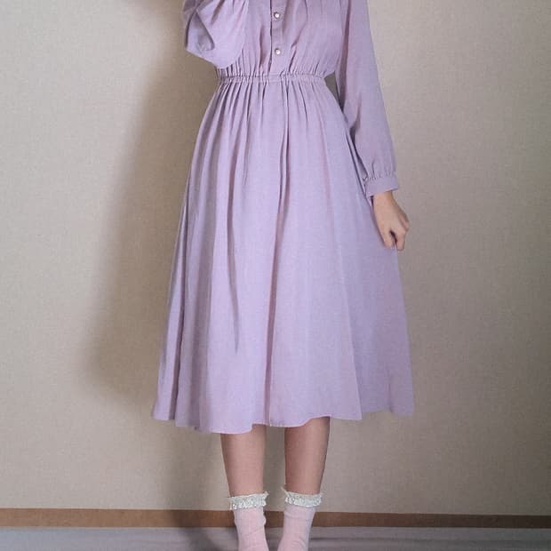 일본빈티지(Colza) 라일락 프릴 카라 셔링 원피스