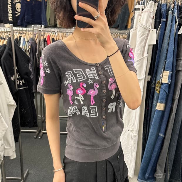 OS)rough vintage 여성 플라밍고 패치 반팔