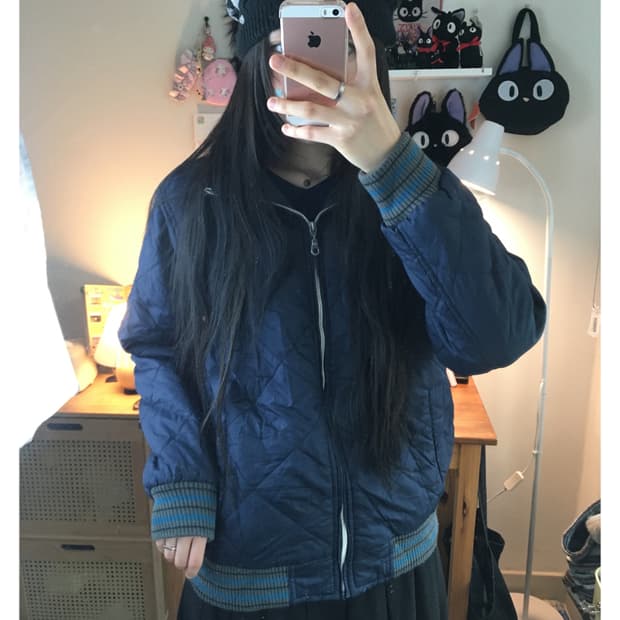 vintage quilted zip-up bomber navy