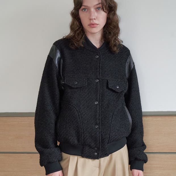 ouro 아우로 트위드 부클 울 봄버자켓 레더 배색 블루종 자켓