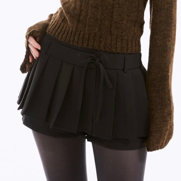 네비 브루이 리본 플리츠 스커트 팬츠 블랙 M