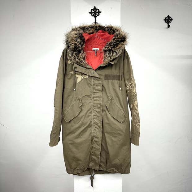 Embroidery fur parka jacket
