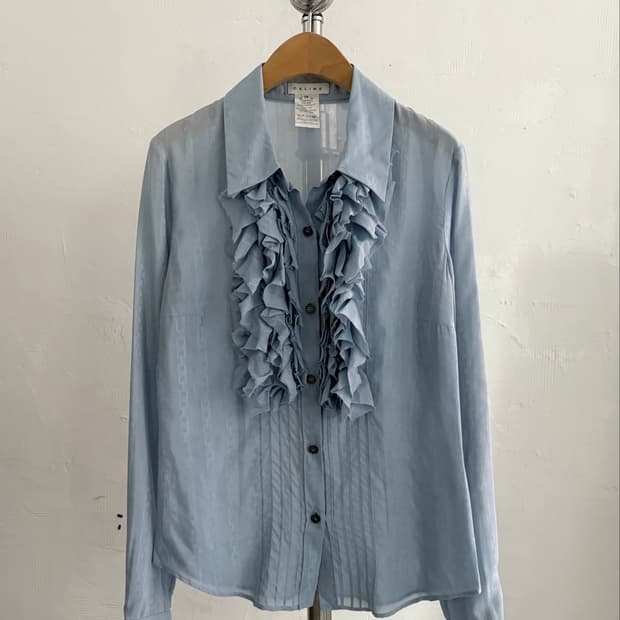Celine 셀린느 스카이블루 실크 러플 셔츠