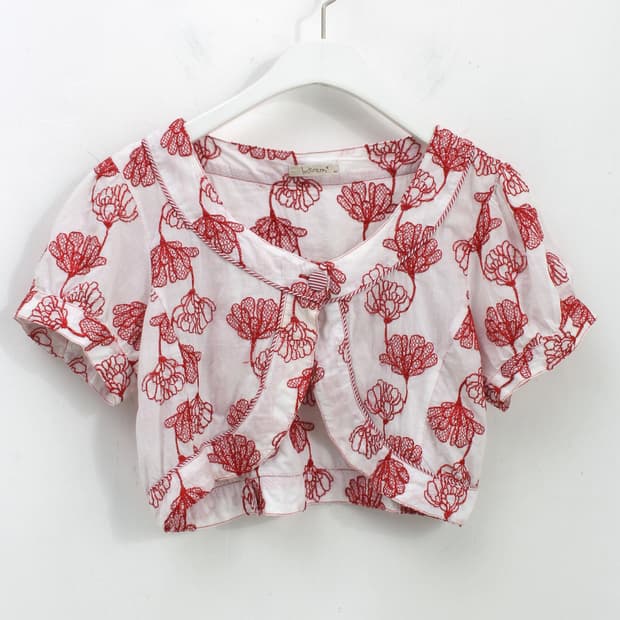 일본 빈티지 레드 자수 크롭 레이어드 블라우스 볼레로