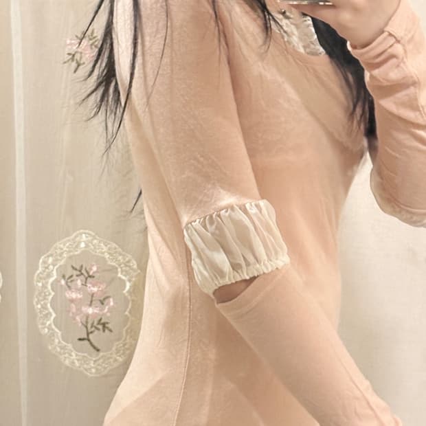 샵페어리 퍼프 레이스 트리밍 탑 티셔츠 살구