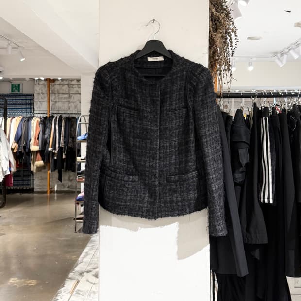 프라다 차콜 트위드 모헤어 블렌드 노카라 자켓