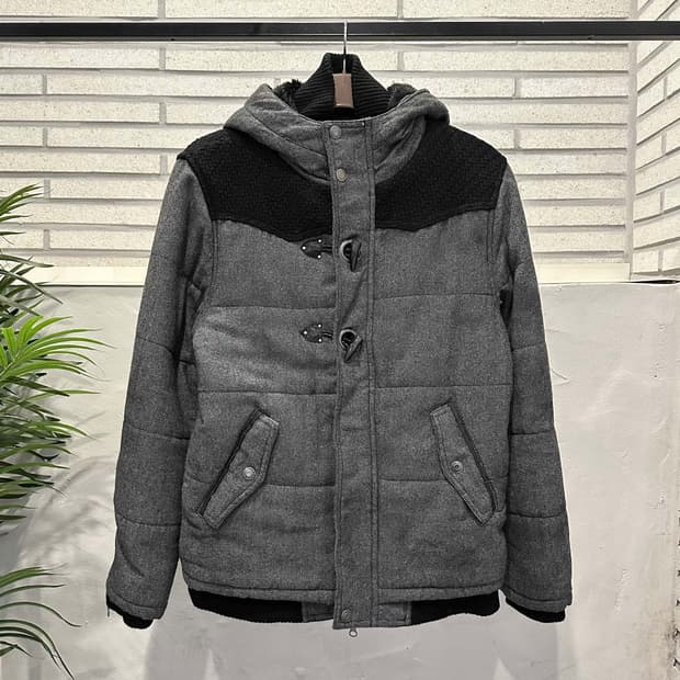 JPN VINTAGE 후드 패딩점퍼 헤링본 패턴 하이넥 디테일 그레이