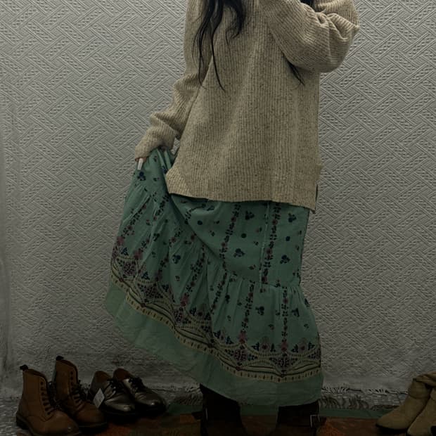 빈티지 레트로 90'S 잔꽃 민트코어 셔링 플레어 롱스커트 K0070