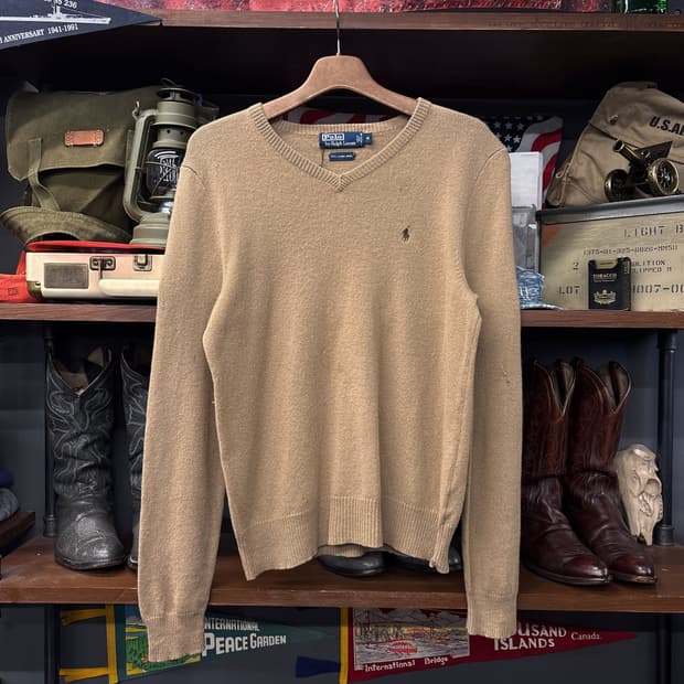 폴로 랄프로렌 브이넥 램스울 니트 스웨터 브라운 포니 자수 N316