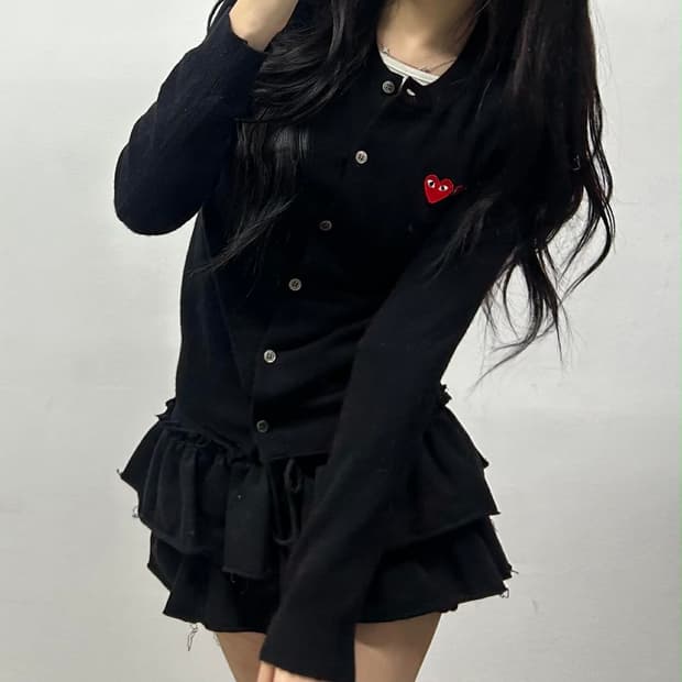 꼼데가르송 더블하트 와펜 블랙 울 걸즈 니트 가디건(S)