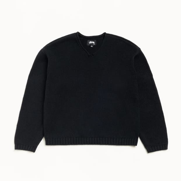 스투시 롤 브이넥 니트 블랙 XXL