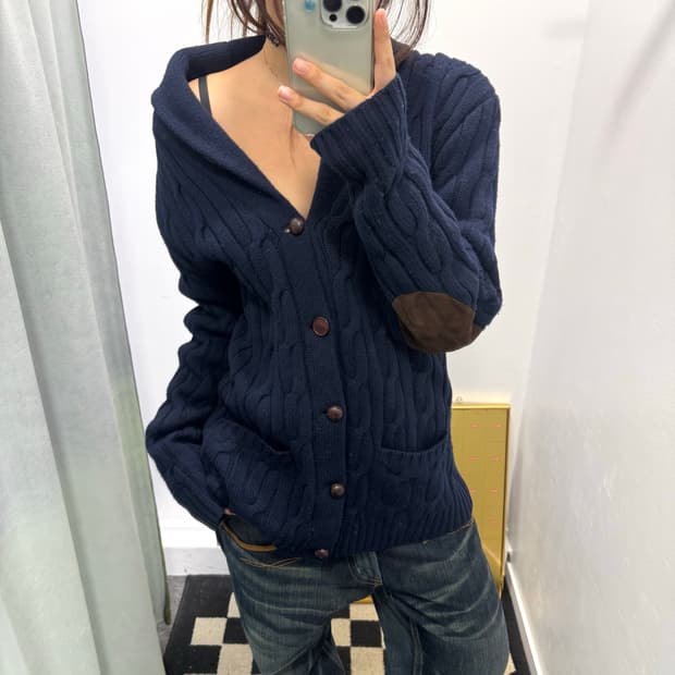 폴로 네이비 암패치 숄카라 가디건