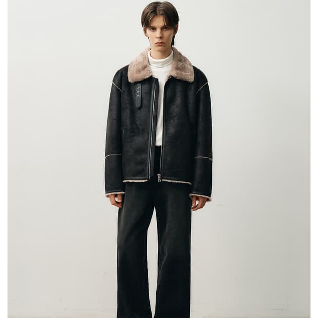 오버사이즈 스웨이드 라인 무스탕 자켓 [BLACK]