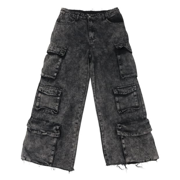 빈티지 블랙 워싱 컷오프 멀티 포켓 카고 데님 팬츠