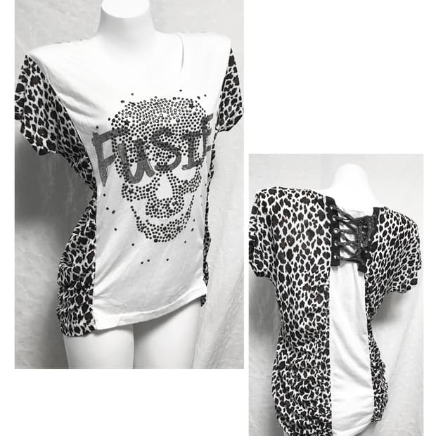빈티지 갸루 펑크 레오파드 스터드 코르셋 셔링 반소매 탑