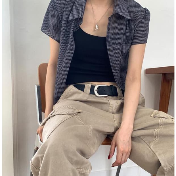 릿킴-SHEER CHECK BLOUSE(네이비 색상)