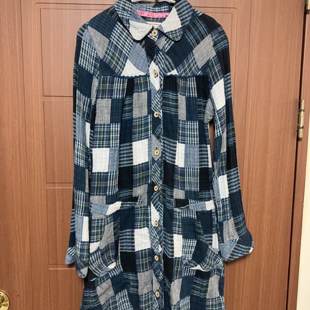 모리걸 하구미 일본 빈티지 블루 체크 패치워크 둥근카라 홍콩 셔츠 원피스