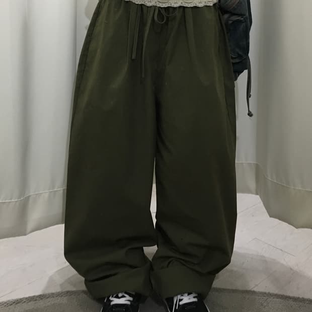 카키 밴딩 와이드 팬츠