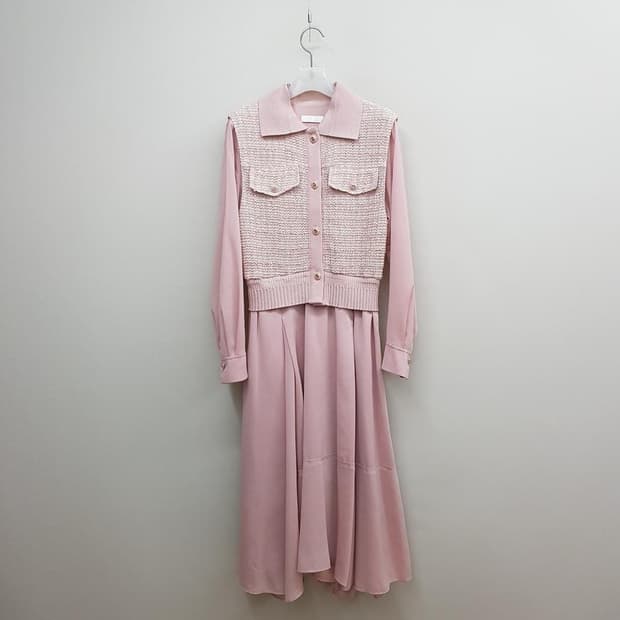 한섬 SJSJ 2023 트위드 배색 플리츠 롱 원피스 82-94-160