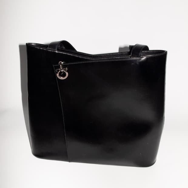 Diagonal Overlay Polished Leather Bag