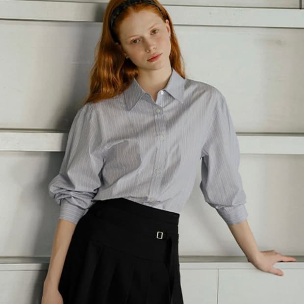 Feminine volume sleeve cotton shirt_Blue