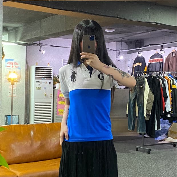 폴로랄프로렌 빅포니 넘버3 화이트 블루 배색 카라넥 티셔츠 B5133