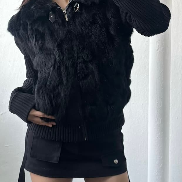 Vintage Black Fur Knit Zip-Up Jacket