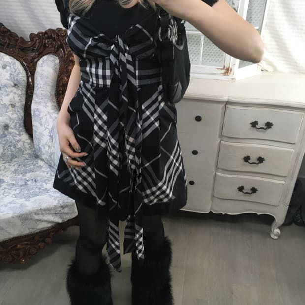 빈티지 로걀 리본 체크 점프수트