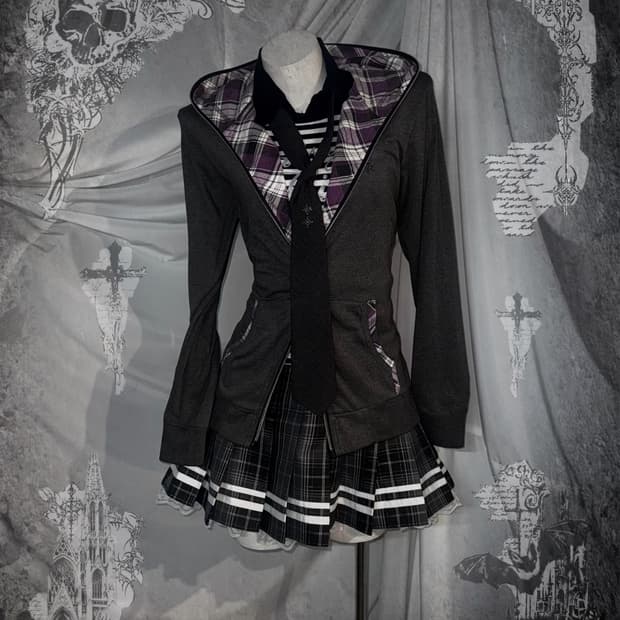 무채색 쇼콜라깔 퍼플체크 아일렛 디테일 레이스 코디세트 