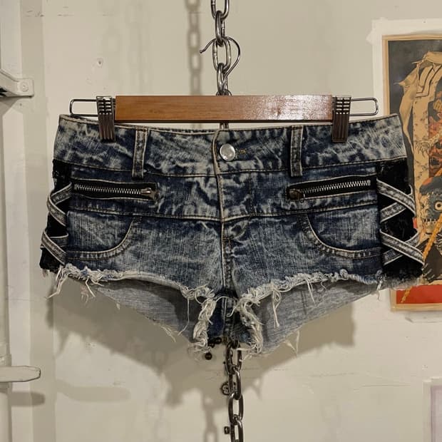 사이드 시스루 레이스 그런지 데님 숏팬츠 갸루