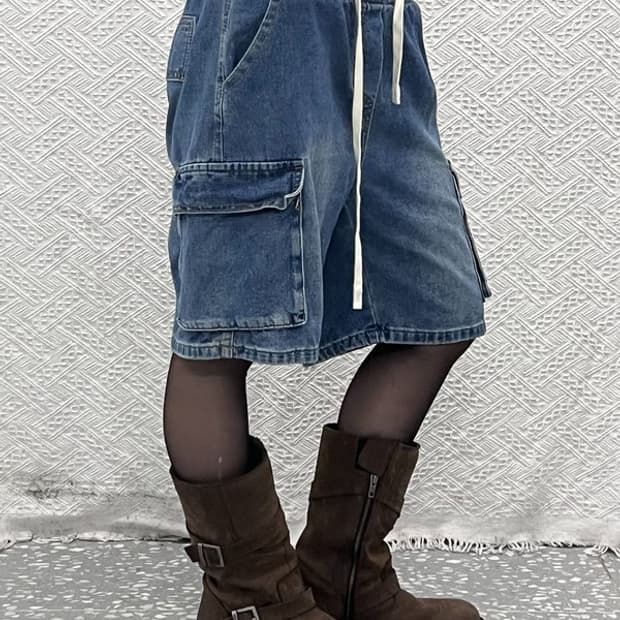 빈티지 캐주얼 밴딩 데님 버뮤다 카고 반바지 XS C11008