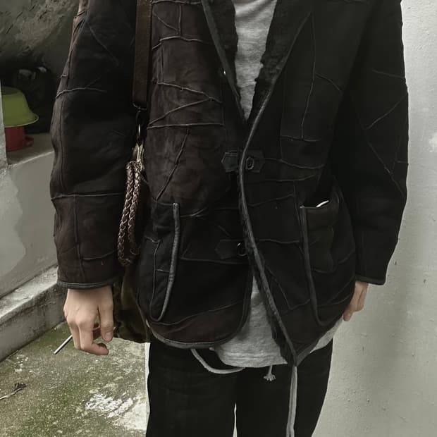 1980s issey miyake 레더 시어링 블랙 자켓 