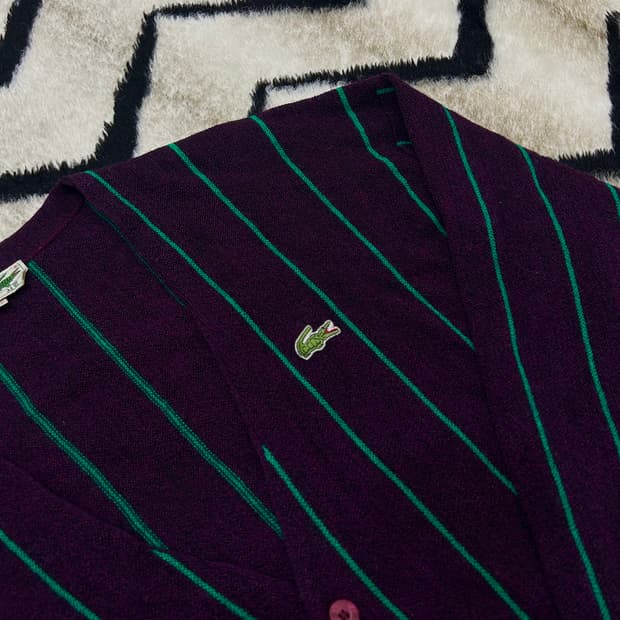 [L]라코스테 90s 그린 스트라이프 V넥 니트 가디건/딥퍼플