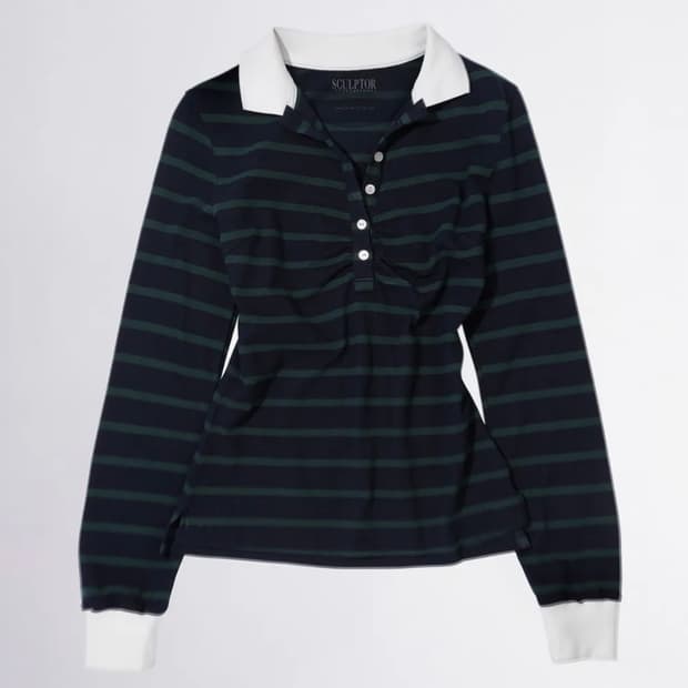 Shirring Tennis Shirt Navy/Green Stripe