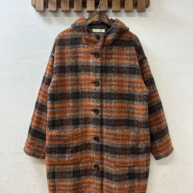 일본빈티지 GOLDEN BEAR 골든베어 체크 후드 울 혼방 코트