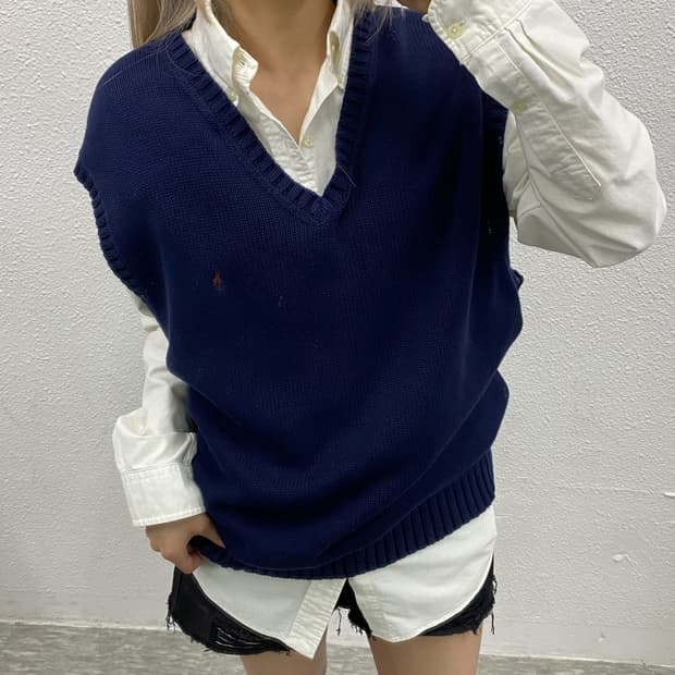 폴로 랄프로렌 90's 버건디포니 네이비 니트조끼 3XL