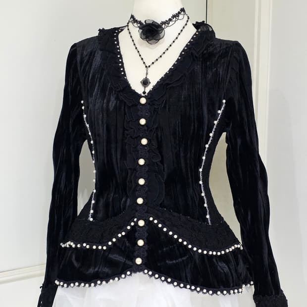 일본빈티지)블랙 고딕로리타 공겜여주벨벳 레이스프릴진주리본 로맨틱 블라우스